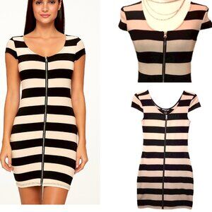 Planet Gold Black Tan Striped Bodycon Cocktail Party Dress Full Zip -Sz S
